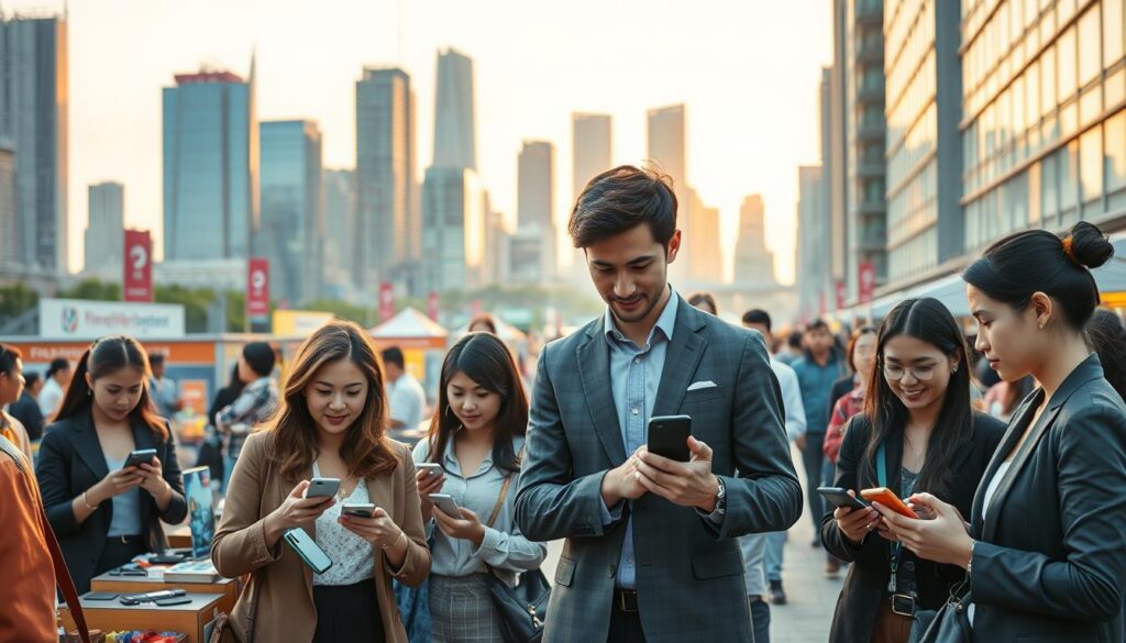 A bustling urban market scene illustrating the economic and social aspects of smartphone evolution. In the foreground, diverse young professionals, dressed in smart business attire, engage with the latest smartphone models at an outdoor tech fair, exchanging ideas and insights. The middle layer features vibrant stalls showcasing innovative gadgets and accessories, with people interacting and analyzing products, reflecting consumer behavior changes. In the background, a city skyline with modern architecture symbolizes technological advancement, bathed in warm, golden-hour lighting that enhances the atmosphere of opportunity and progress. The image captures a sense of anticipation and excitement, focusing on the interplay between technology, economy, and community.