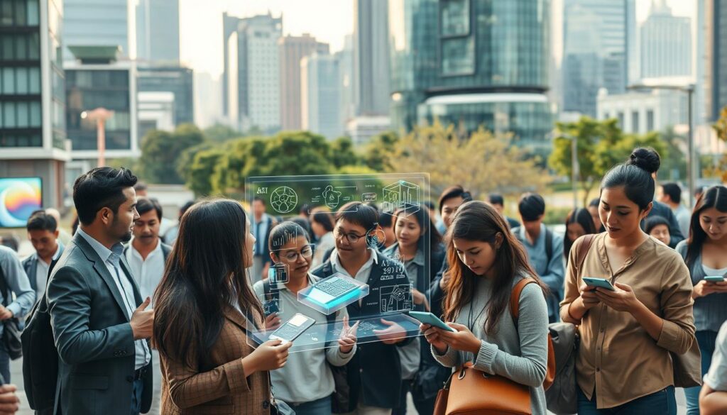 A busy urban scene showcasing the impact of generative AI on daily life. In the foreground, a diverse group of professionals dressed in business attire discuss ideas around a holographic interface displaying creative designs and algorithms. In the middle ground, individuals in modest casual clothing are using devices like tablets and smartphones, engaging with AI tools for work and leisure. The background features a futuristic cityscape with smart buildings and greenery, symbolizing innovation and sustainability. Soft, warm lighting illuminates the scene, creating a hopeful and inspiring atmosphere. The angle is slightly elevated, capturing the hustle and bustle of modern life while emphasizing the integration of technology into society.