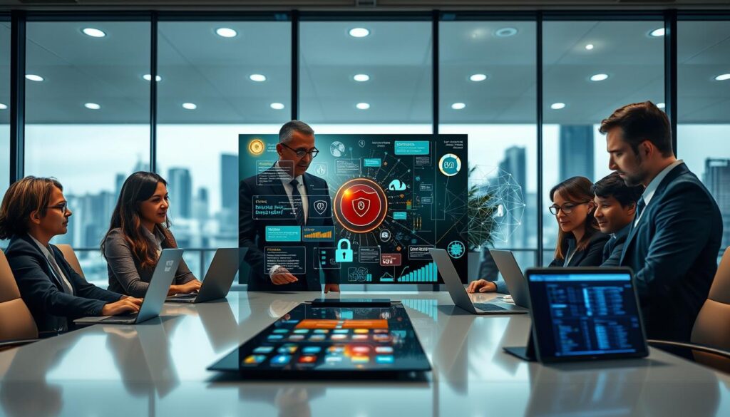 A cyber security expert analyzing a digital interface filled with complex data patterns and network diagrams in a modern office setting. In the foreground, a diverse group of professionals in business attire is gathered around a sleek conference table, engaged in deep discussion, with laptops open, displaying security alerts and graphs. In the middle, a large digital screen showcases a colorful visualization of potential cyber attacks and data protection strategies, glowing softly to create a sense of urgency. The background features a blurred city skyline through large glass windows, suggesting a high-tech environment. The lighting is bright yet focused, illuminating the faces of the professionals with a serious and determined atmosphere, emphasizing a proactive approach to cyber security.