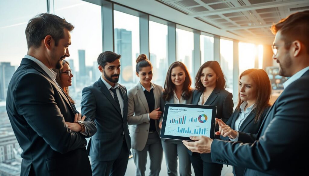 A dynamic business setting showcasing real-world examples and inspiring cases in technology. In the foreground, a diverse group of professionals in business attire is engaged in a discussion around a digital tablet, displaying innovative charts and graphs. The middle ground features a modern office environment with glass walls and a large screen showing a successful tech implementation. In the background, city skyscrapers can be viewed through the windows, indicating a vibrant market scene. Soft natural lighting streams in, creating a warm and productive atmosphere. The composition is captured from a slightly elevated angle, emphasizing collaboration and innovation in corporate technology trends. The overall mood is one of inspiration and forward-thinking progress.