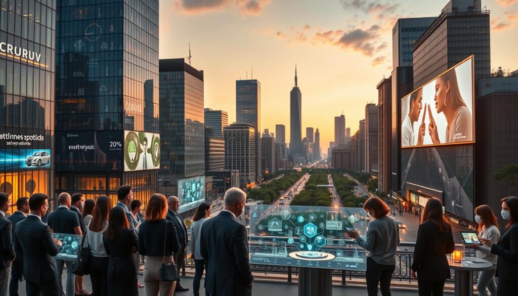 A dynamic cityscape at dusk, showcasing a vibrant startup hub where technology and society intersect. In the foreground, a diverse group of professionals in business attire collaborates around holographic displays depicting innovative tech solutions. The middle ground features modern glass buildings adorned with digital billboards showcasing cutting-edge products. In the background, silhouettes of iconic urban structures blend with green spaces, symbolizing a balance between technology and nature. The lighting casts a warm glow, enhancing the sense of connection and progress. The atmosphere is inspiring and forward-looking, filled with a sense of optimism for the transformative impact of startups on the future of society.