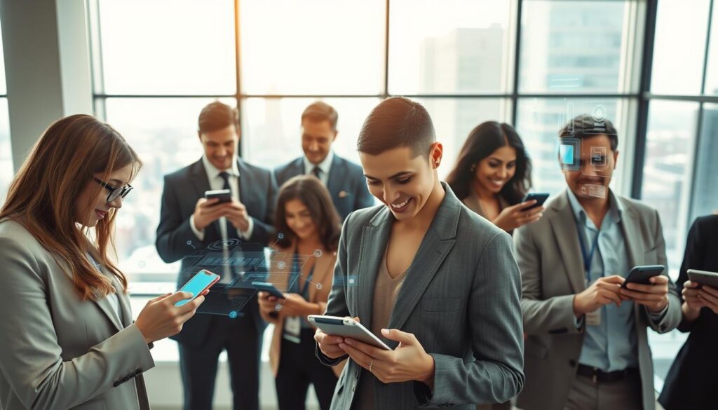 A dynamic modern office environment illustrating innovation and organizational changes in the mobile era. In the foreground, a diverse group of professionals in business attire interact with their smartphones and tablets, showcasing productivity apps. The middle layer features sleek, futuristic technology like holographic displays and digital interfaces, symbolizing the evolution of organizational tools. The background shows a large window overlooking a cityscape, with soft, natural light streaming in, creating a bright and inviting atmosphere. The camera angle is slightly elevated, capturing the engagement between individuals and their devices, emphasizing collaboration and efficiency. The mood is optimistic and forward-thinking, reflecting a seamless integration of technology into daily work routines, devoid of any text or watermark. A dynamic modern office environment illustrating innovation and organizational changes in the mobile era. In the foreground, a diverse group of professionals in business attire interact with their smartphones and tablets, showcasing productivity apps. The middle layer features sleek, futuristic technology like holographic displays and digital interfaces, symbolizing the evolution of organizational tools. The background shows a large window overlooking a cityscape, with soft, natural light streaming in, creating a bright and inviting atmosphere. The camera angle is slightly elevated, capturing the engagement between individuals and their devices, emphasizing collaboration and efficiency. The mood is optimistic and forward-thinking, reflecting a seamless integration of technology into daily work routines, devoid of any text or watermark.