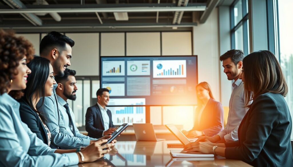 A dynamic office environment showcasing technological innovations that enhance remote teamwork. In the foreground, a diverse group of professionals dressed in smart business attire is engaged in a virtual meeting, using advanced devices like tablets and laptops. In the middle, a large screen displays interactive graphs and charts related to team performance and project management tools. The background features a modern office space with large windows allowing natural light to pour in, creating an inviting atmosphere. Soft, warm lighting accents the scene, providing a sense of collaboration and productivity. The image captures the essence of innovation in action, highlighting the integration of technology in workplace dynamics.
