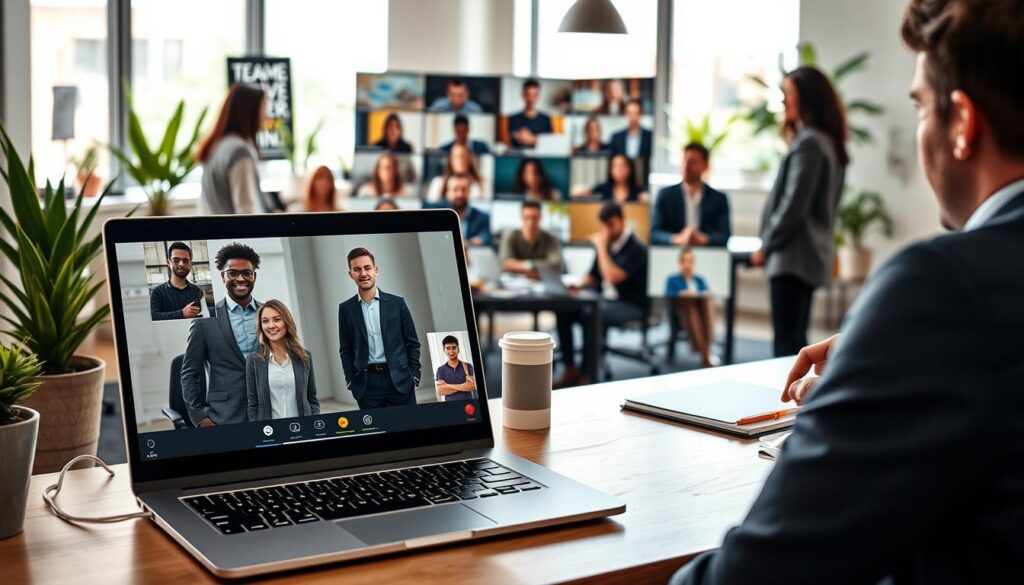 A dynamic workspace scene capturing the essence of video conferencing and remote collaboration. In the foreground, a well-organized desk featuring a sleek laptop displaying a video call interface, with two professionals appearing on the screen, dressed in smart casual attire. The middle ground shows a diverse group of colleagues engaged in a lively virtual meeting, with their video feeds arranged in a grid format. The background features a modern, bright office environment with plants and motivational posters, accentuated by natural light streaming through large windows. The camera angle is slightly above eye level, creating an inviting and productive atmosphere, perfect for remote teamwork and collaboration. The overall mood is energetic, focused, and optimistic, emphasizing the importance of digital connectivity in today's work landscape. A dynamic workspace scene capturing the essence of video conferencing and remote collaboration. In the foreground, a well-organized desk featuring a sleek laptop displaying a video call interface, with two professionals appearing on the screen, dressed in smart casual attire. The middle ground shows a diverse group of colleagues engaged in a lively virtual meeting, with their video feeds arranged in a grid format. The background features a modern, bright office environment with plants and motivational posters, accentuated by natural light streaming through large windows. The camera angle is slightly above eye level, creating an inviting and productive atmosphere, perfect for remote teamwork and collaboration. The overall mood is energetic, focused, and optimistic, emphasizing the importance of digital connectivity in today's work landscape.