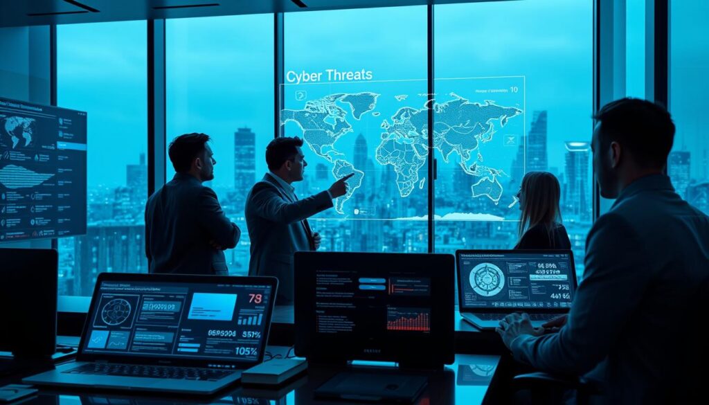 A futuristic cyber security scene showcasing a sleek, modern office environment. In the foreground, a diverse group of three professionals, two men and one woman, are intently monitoring multiple screens that display complex data streams and security alerts. They are dressed in professional business attire, engaged in a discussion while pointing at a large digital map on the wall highlighting global cyber threats. In the middle, there's an array of cutting-edge technology gadgets, like advanced laptops and holographic displays showing phishing attempts, malware alerts, and ransomware statistics. The background features a city skyline visible through large windows, bathed in a cool blue and green glow, creating a high-tech atmosphere. Soft, dramatic lighting emphasizes the seriousness of the subject, while shadows create depth and tension in the scene.
