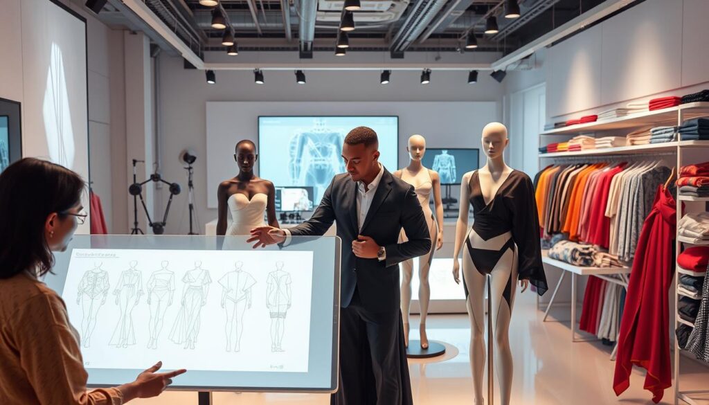 A futuristic fashion studio showcasing the influence of artificial intelligence on clothing design. In the foreground, a diverse group of three fashion designers, a woman of Asian descent, a Black man, and a Hispanic woman, are examining intricate digital sketches on a large interactive screen, all dressed in professional attire. In the middle, sleek mannequins display avant-garde garments that blend traditional fabrics with high-tech materials, illuminated by soft, diffused lighting to create an inspiring atmosphere. The background features a modern workspace filled with advanced AI tools, algorithms displayed on screens, and colorful fabric swatches, hinting at innovation. The overall mood is one of creativity and collaboration, reflecting the future of fashion in 2027. A futuristic fashion studio showcasing the influence of artificial intelligence on clothing design. In the foreground, a diverse group of three fashion designers, a woman of Asian descent, a Black man, and a Hispanic woman, are examining intricate digital sketches on a large interactive screen, all dressed in professional attire. In the middle, sleek mannequins display avant-garde garments that blend traditional fabrics with high-tech materials, illuminated by soft, diffused lighting to create an inspiring atmosphere. The background features a modern workspace filled with advanced AI tools, algorithms displayed on screens, and colorful fabric swatches, hinting at innovation. The overall mood is one of creativity and collaboration, reflecting the future of fashion in 2027.