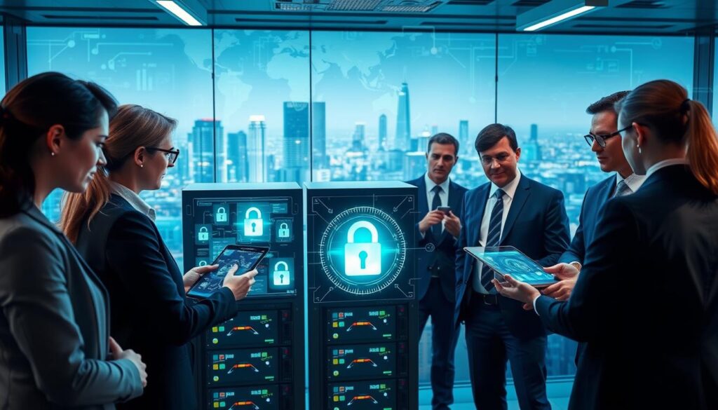 A futuristic office setting focused on cybersecurity advancements and technological challenges. In the foreground, a diverse group of business professionals in smart attire, analyzing complex data on interactive holographic screens. The middle ground features computer servers with glowing digital interfaces and security locks, symbolizing advanced encryption methods. In the background, a cityscape with digital overlays representing a connected world, depicting potential cyber threats. The lighting is bright and focused, with a cool blue and green color palette to suggest a high-tech atmosphere. The scene evokes a mood of collaboration and innovation, highlighting the urgency and importance of cybersecurity in modern technology.