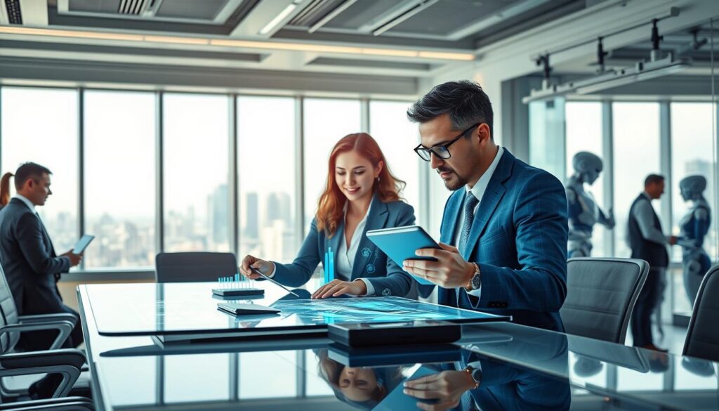 A futuristic office space filled with advanced technology, showcasing a diverse group of professionals in smart business attire collaborating around a high-tech conference table. In the foreground, a female entrepreneur is analyzing data on a holographic screen, while a male colleague engages with AI-driven software on a tablet. The middle ground features large windows overlooking a vibrant cityscape, symbolizing growth and opportunity. In the background, elements like robotic assistants and automated systems can be seen, emphasizing automation's role in transforming the workplace. The scene is bright and airy, with natural light streaming in, creating an optimistic and innovative atmosphere. The composition should capture the essence of future-ready businesses adapting to new technologies.