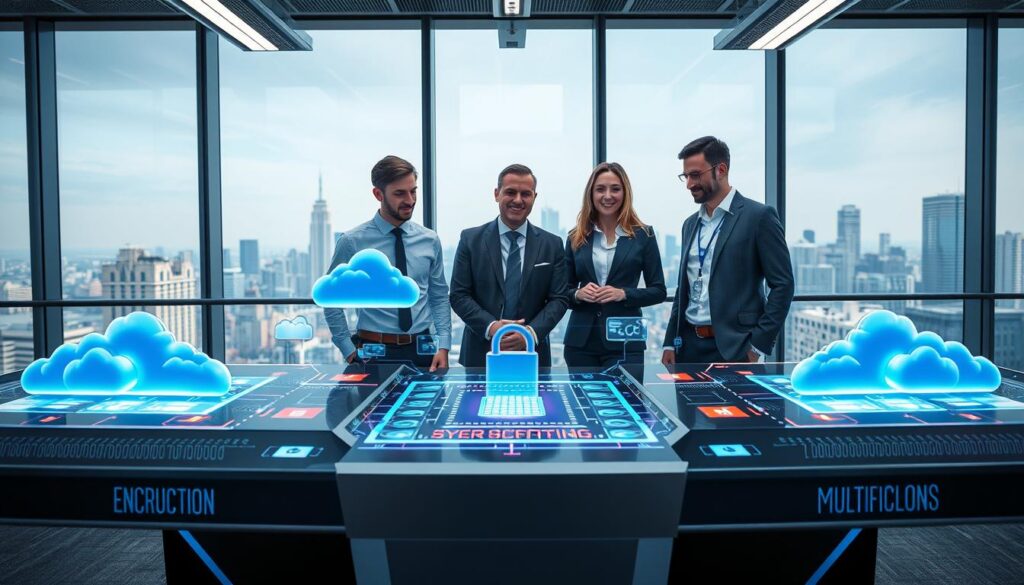 A futuristic office space showcasing cloud security and data protection. In the foreground, a diverse group of three professionals in smart business attire collaborates around a high-tech digital table with holographic interfaces displaying cloud networks and cybersecurity defenses. The middle ground features a sleek, modern console with vibrant graphics illustrating data encryption and multi-cloud environments. In the background, large glass windows reveal a city skyline, adding depth and a sense of progression. The lighting is bright and professional, emphasizing a secure and innovative atmosphere. Use a wide-angle lens to capture the entire scene, with a focus on technology and teamwork, evoking a mood of trust and forward-thinking in cybersecurity.