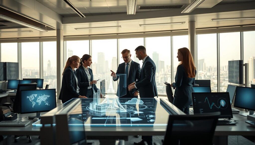 A futuristic office space showcasing digital transformation and new technologies. In the foreground, a group of professionals in business attire collaborate around a holographic display, analyzing data and projecting 3D models. The middle ground features sleek workstations equipped with advanced screens and cloud interfaces. The background includes large windows overlooking a city skyline, symbolizing a global reach. Soft natural light streams in, creating a bright and inspiring atmosphere. The overall mood is innovative and dynamic, emphasizing collaboration and progress in the digital age. The lens perspective captures depth and highlights the interaction between people and technology.