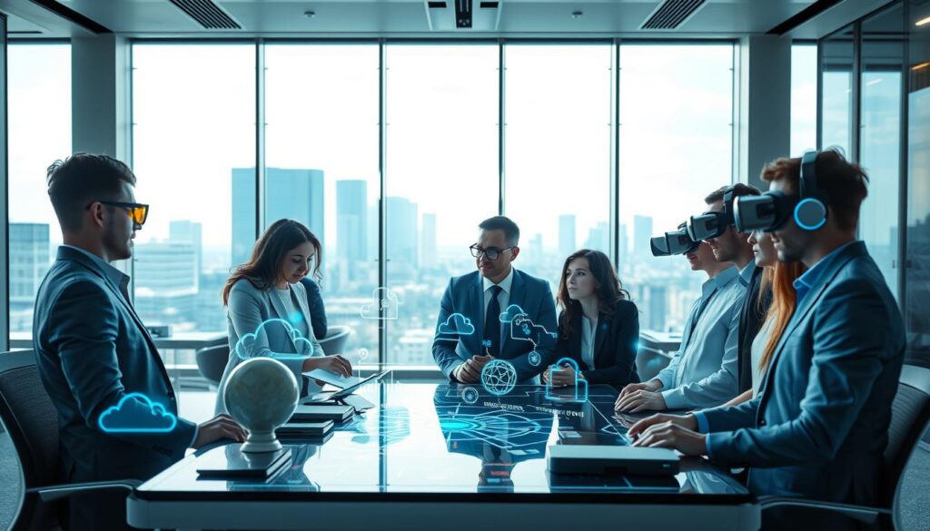 A futuristic office space with a sleek, modern design representing cloud computing trends. In the foreground, a diverse group of professionals in business attire are engaged in deep discussion around a digital display showcasing AI-driven cloud innovations, with holographic data projections floating above the table. In the middle ground, soft blue and green lights illuminate a stylish workspace filled with advanced technology, including virtual reality headsets and smart devices. The background features large windows overlooking a city skyline, with digital clouds subtly integrated into the view. The atmosphere is one of collaboration, innovation, and forward-thinking, evoking a sense of excitement about the future of cloud computing. The image is well-lit, using a balanced combination of natural and artificial lighting to create a vibrant and inspiring environment. A futuristic office space with a sleek, modern design representing cloud computing trends. In the foreground, a diverse group of professionals in business attire are engaged in deep discussion around a digital display showcasing AI-driven cloud innovations, with holographic data projections floating above the table. In the middle ground, soft blue and green lights illuminate a stylish workspace filled with advanced technology, including virtual reality headsets and smart devices. The background features large windows overlooking a city skyline, with digital clouds subtly integrated into the view. The atmosphere is one of collaboration, innovation, and forward-thinking, evoking a sense of excitement about the future of cloud computing. The image is well-lit, using a balanced combination of natural and artificial lighting to create a vibrant and inspiring environment.