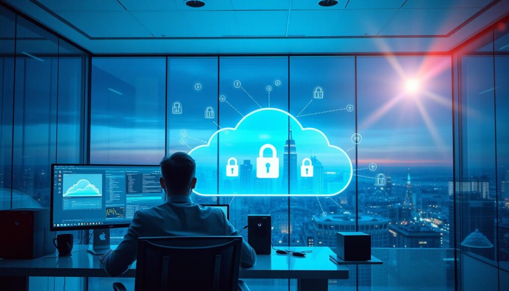 A futuristic office workspace that embodies cloud security and data protection. In the foreground, a professional in business attire is seated at a sleek desk, focused on dual computer screens displaying cloud data visuals and security analytics. The middle ground features a large holographic cloud structure, radiating secure locks and encrypted data streams, symbolizing data protection. In the background, a city skyline is visible through a glass wall, illuminated by a twilight glow, suggesting innovation and technology. Soft blue and green lighting casts a calming atmosphere, while a lens flare enhances the futuristic feel. The angle captures both the human element and the high-tech environment, emphasizing the importance of cloud security in multi-cloud settings. A futuristic office workspace that embodies cloud security and data protection. In the foreground, a professional in business attire is seated at a sleek desk, focused on dual computer screens displaying cloud data visuals and security analytics. The middle ground features a large holographic cloud structure, radiating secure locks and encrypted data streams, symbolizing data protection. In the background, a city skyline is visible through a glass wall, illuminated by a twilight glow, suggesting innovation and technology. Soft blue and green lighting casts a calming atmosphere, while a lens flare enhances the futuristic feel. The angle captures both the human element and the high-tech environment, emphasizing the importance of cloud security in multi-cloud settings.