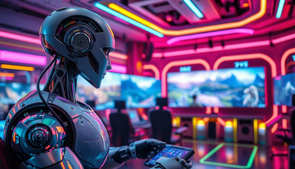A futuristic scene showcasing artificial intelligence in video games, featuring a vivid, neon-lit gaming environment. In the foreground, a humanoid robot with sleek, metallic features is engaged in gameplay, showcasing intricate details on its interface. The middle ground is filled with a holographic display of game landscapes and characters, dynamically responding to the robot's actions. In the background, a high-tech gaming room with multiple screens displays various gaming scenes, creating a sense of immersion. The lighting is vibrant and colorful, emphasizing a tech-forward atmosphere. The angle captures an overall perspective of the gaming experience, focusing on the interaction between AI and gameplay, evoking a mood of excitement and futuristic innovation. A futuristic scene showcasing artificial intelligence in video games, featuring a vivid, neon-lit gaming environment. In the foreground, a humanoid robot with sleek, metallic features is engaged in gameplay, showcasing intricate details on its interface. The middle ground is filled with a holographic display of game landscapes and characters, dynamically responding to the robot's actions. In the background, a high-tech gaming room with multiple screens displays various gaming scenes, creating a sense of immersion. The lighting is vibrant and colorful, emphasizing a tech-forward atmosphere. The angle captures an overall perspective of the gaming experience, focusing on the interaction between AI and gameplay, evoking a mood of excitement and futuristic innovation.