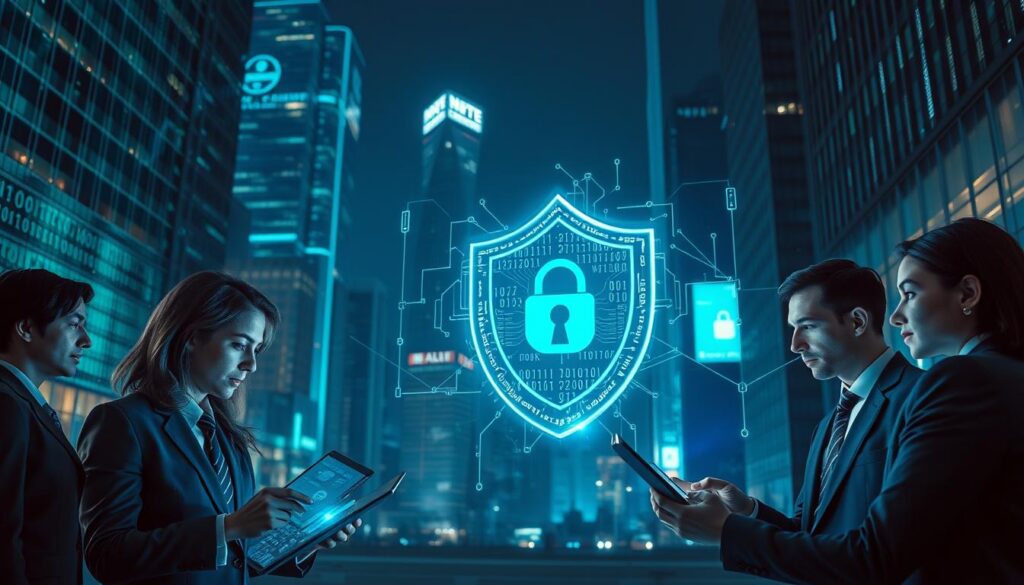 A futuristic urban setting at night, illuminated by glowing lines of code and digital interfaces. In the foreground, a diverse team of cybersecurity experts in professional business attire, analyzing data on sleek holographic screens, displaying AI algorithms and security metrics. The middle ground features a large, transparent, holographic shield symbolizing protection against cyber threats, surrounded by swirling binary code. In the background, tall skyscrapers with LED advertisements reflecting the latest technology. The atmosphere is intense and focused, with an ambient blue and green color palette to evoke a sense of advanced technology and vigilance. Soft, dramatic lighting highlights the experts’ concentrated expressions as they work tirelessly to defend against cyber attacks.