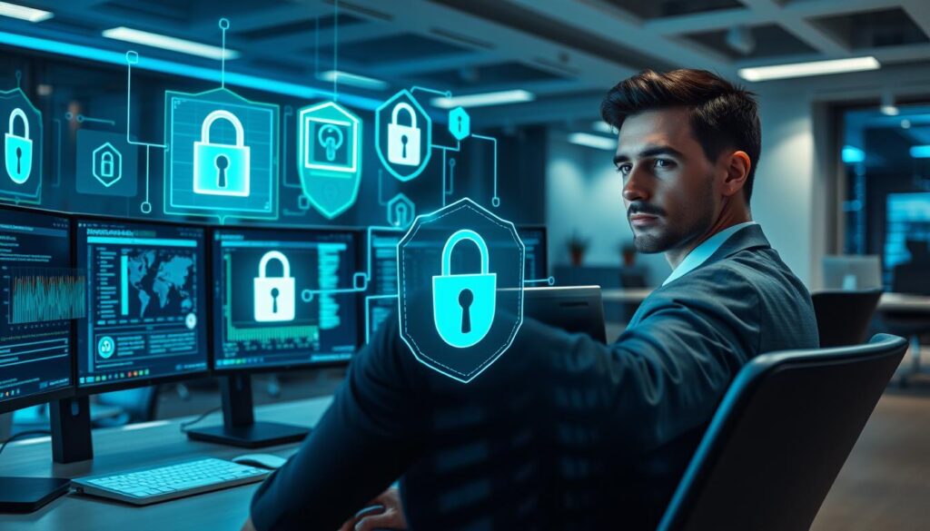 A high-tech cybersecurity scene with a focus on data protection. In the foreground, a professional-looking person in business attire sits at a sleek workstation, eyes focused on multiple monitors displaying digital security analytics and firewall interfaces. The middle ground features bright holographic graphics of locks, shields, and data streams symbolizing encryption and protection against cyber threats. In the background, a modern office environment with soft blue lighting adds a sense of security and professionalism. The atmosphere is serious yet empowering, emphasizing the importance of advanced defense techniques. The overall color scheme includes shades of blue and green, suggesting trust and technology, while subtle rays of light highlight the vigilant mood.