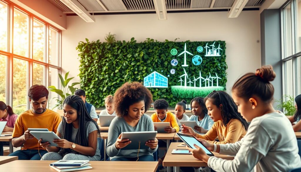A modern classroom filled with innovative technological tools, showcasing sustainable practices. In the foreground, students of diverse ethnic backgrounds engaged in collaborative learning, using tablets and eco-friendly materials. The middle layer features a large green wall with plants and natural light streaming in from large windows. In the background, a digital display illustrates renewable energy concepts, like solar panels and wind turbines. The overall color palette is bright and inviting, conveying a sense of hope and progress. The lighting is warm and natural, suggesting a friendly and inspiring environment. The angle captures the dynamic interaction among students and technology, emphasizing creativity and sustainability in education.