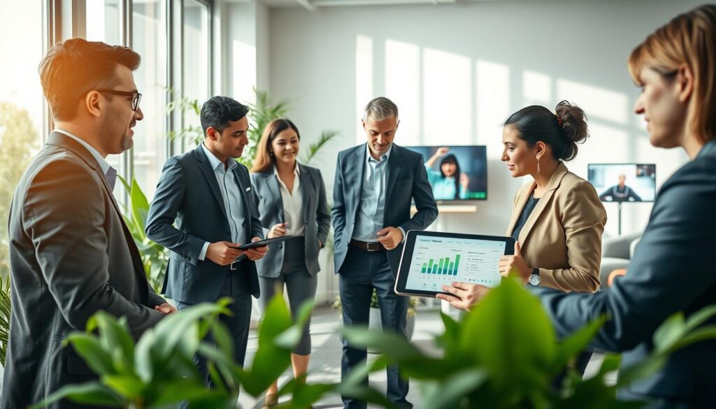 A modern corporate wellness scene depicted in a bright, airy office space. In the foreground, a diverse group of professionals dressed in smart business attire engages in a discussion around a digital tablet displaying health data. In the middle, a wellness area features green plants, ergonomic furniture, and subtle hints of technology like fitness trackers and wellness apps displayed on screens. The background showcases large windows with natural light streaming in, casting soft shadows. The atmosphere is collaborative and uplifting, focusing on innovation in health and well-being. Use soft, warm lighting to convey a sense of positivity and support.