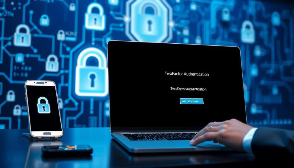 A modern digital workspace depicting two-factor authentication as a symbol of online data protection. In the foreground, a business professional, dressed in smart attire, interacts with a sleek laptop displaying a two-factor authentication prompt on the screen. In the middle ground, technology items like a smartphone showing a verification code and security icons hover. The background showcases a futuristic, abstract digital interface filled with glowing lock symbols and data streams, representing heightened security. Soft blue lighting casts a serene and secure atmosphere, accentuating the importance of cybersecurity. The image captures a sense of focus and professionalism, emphasizing the essential nature of two-factor authentication in safeguarding online information.