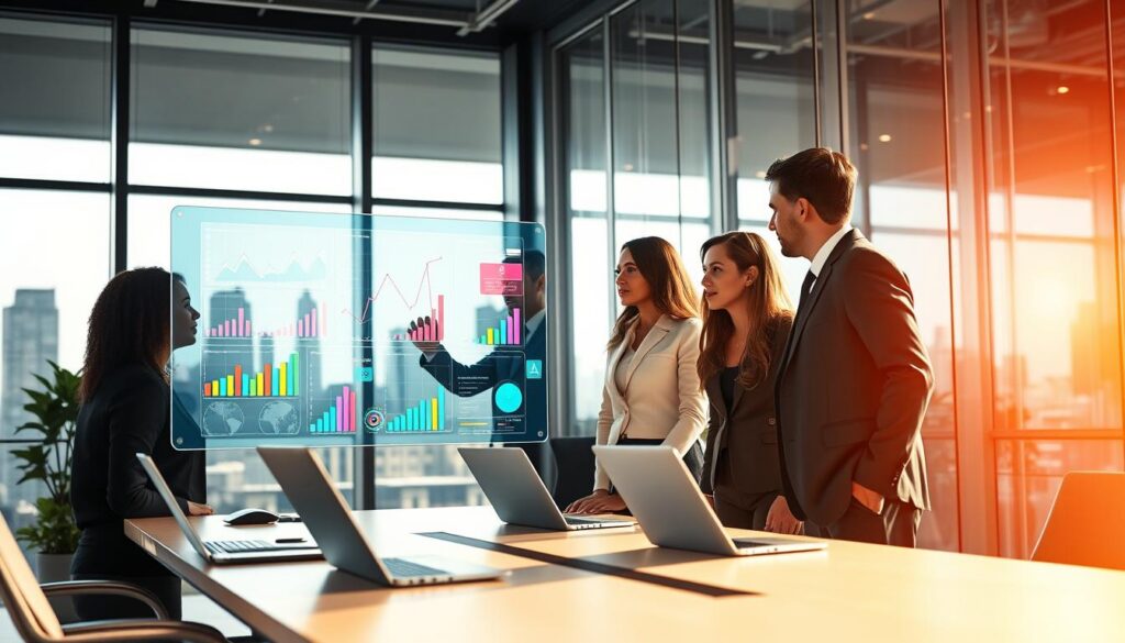 A modern, dynamic office environment infused with the spirit of innovation and data analysis. In the foreground, a diverse group of three business professionals—two men and a woman—are collaborating over a transparent digital display showcasing colorful graphs and data visualizations, dressed in professional attire. The middle ground features a sleek conference table, surrounded by high-tech gadgets and laptops, emphasizing a cutting-edge atmosphere. The background reveals large windows with a city skyline, bathed in soft, warm sunlight, creating an inviting yet focused ambiance. Overhead, subtle ambient lighting enhances the sense of creativity and productivity. The overall mood is one of inspiration and teamwork, symbolizing the pivotal role of data in driving business decisions.