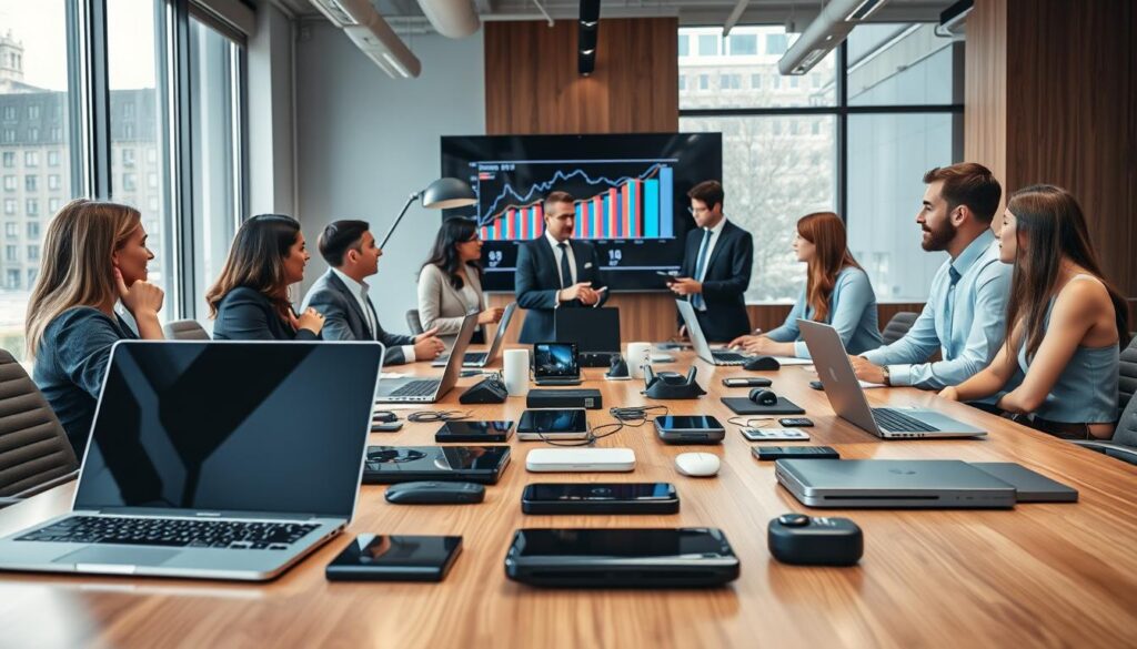 A modern office environment filled with innovative gadgets, prominently featuring sleek laptops, smart devices, and futuristic technology prototypes on a polished wooden conference table. In the foreground, a diverse group of professionals in business attire discusses trends, with charts and graphs projected on a large screen behind them. The middle ground showcases various gadgets designed for productivity and lifestyle enhancement, emphasizing their cutting-edge features and elegant designs. In the background, large windows let in soft, natural light, creating a bright and inspiring atmosphere. The composition conveys a sense of collaboration and forward-thinking, reflecting the influence of economic consulting on tech innovations. The shot is taken from a slightly elevated angle to capture both the professionals and the array of gadgets effectively. A modern office environment filled with innovative gadgets, prominently featuring sleek laptops, smart devices, and futuristic technology prototypes on a polished wooden conference table. In the foreground, a diverse group of professionals in business attire discusses trends, with charts and graphs projected on a large screen behind them. The middle ground showcases various gadgets designed for productivity and lifestyle enhancement, emphasizing their cutting-edge features and elegant designs. In the background, large windows let in soft, natural light, creating a bright and inspiring atmosphere. The composition conveys a sense of collaboration and forward-thinking, reflecting the influence of economic consulting on tech innovations. The shot is taken from a slightly elevated angle to capture both the professionals and the array of gadgets effectively.