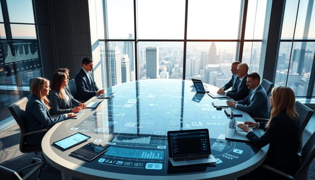 A modern office environment showcasing the integration of various systems to optimize business processes. In the foreground, a diverse group of professionals in business attire collaborates around a sleek, oval conference table filled with digital devices displaying intricate graphs and data. The middle ground features large screens with visual representations of interconnected software interfaces, such as ERP and CRM systems, integrated seamlessly. The background captures a panoramic view of the city through large windows, indicating a bright day, with soft natural lighting illuminating the workspace. The overall atmosphere should convey innovation, teamwork, and efficiency, emphasizing the synergy created by system integration. Use a wide-angle lens to enhance the sense of space and dynamism.