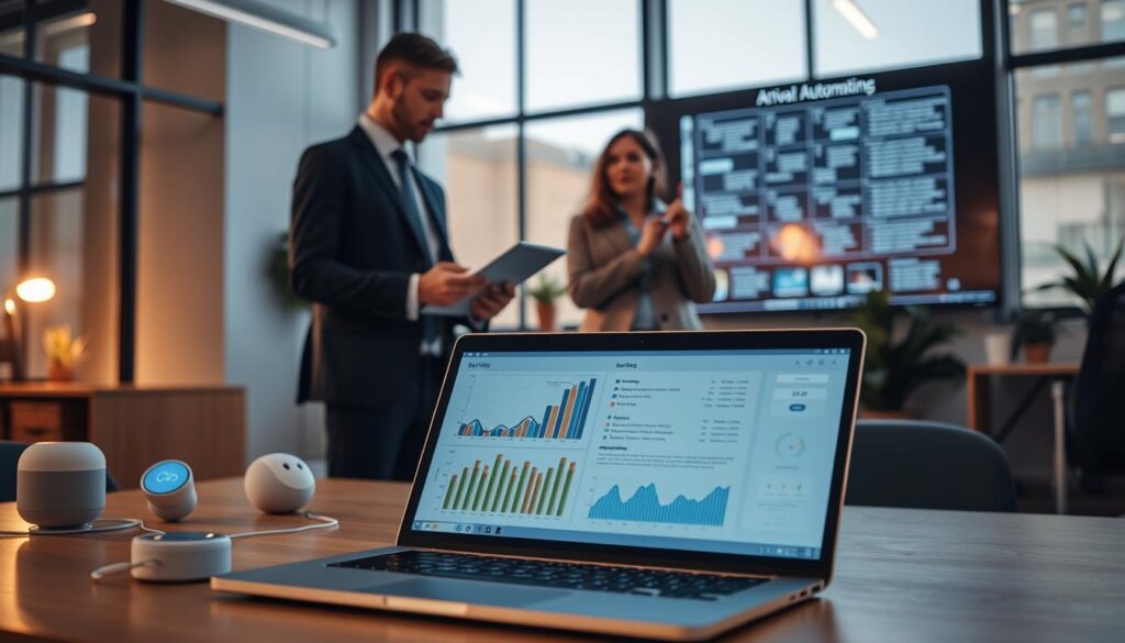 A modern office environment showcasing various automation tools for businesses. In the foreground, a sleek laptop displays graphs and charts illustrating productivity metrics, surrounded by a few well-organized automation devices like smart assistants and scheduling gadgets. In the middle ground, a professional in business attire is engaging with a digital tablet, showcasing an intuitive interface for task automation, while a second person, also dressed professionally, points to a digital display on a wall that outlines workflow processes. The background features large windows allowing natural light to cast a warm glow over the space, highlighting a clean and organized workspace. The atmosphere is focused and productive, reflecting a forward-thinking approach to business solutions. The composition should evoke a sense of innovation and efficiency, with a slight depth of field to draw attention to the foreground activities.