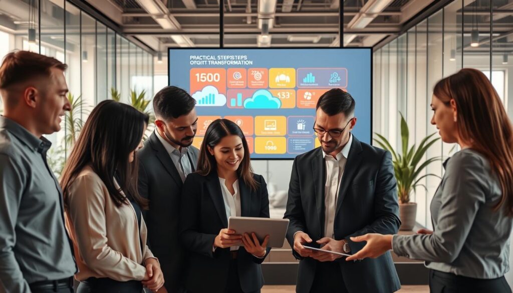 A modern office setting showcasing the practical steps of digital transformation in businesses. In the foreground, diverse professionals in business attire collaborate over a digital tablet, analyzing data charts and graphs. The middle ground features a large screen displaying vibrant infographics illustrating technological milestones, such as cloud computing, AI integration, and digital communication tools. In the background, a sleek, contemporary office with glass walls, indoor plants, and soft, natural lighting creates an inviting atmosphere. The scene is captured in a slightly elevated angle, emphasizing teamwork and innovation, with warm tones to convey a sense of optimism and growth in the digital age.