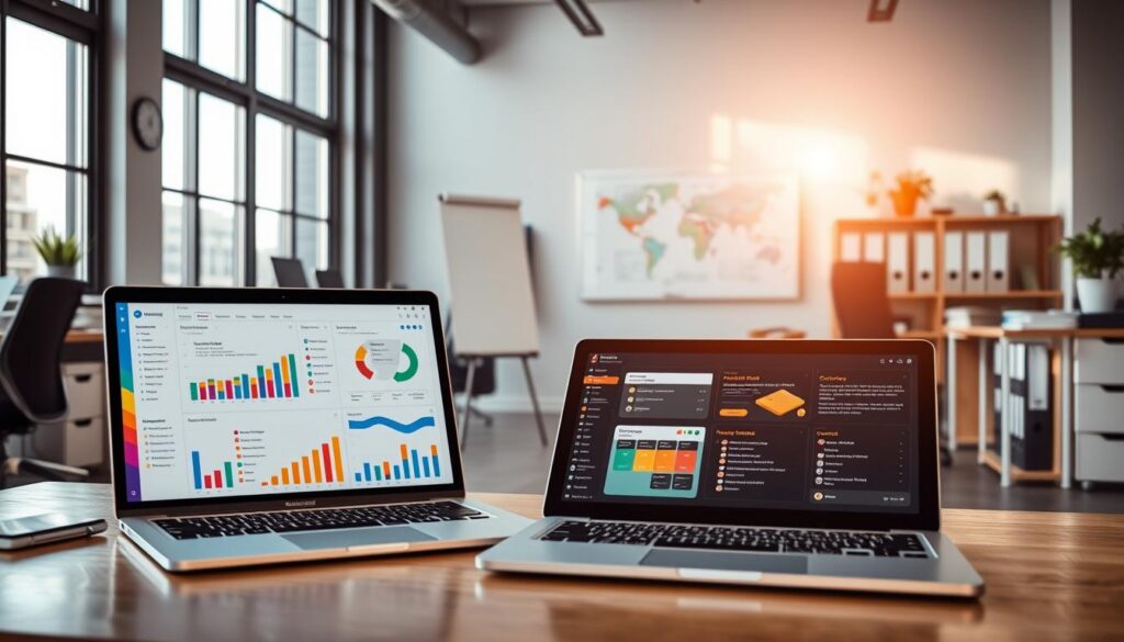 A modern office space showcasing the essential features and functionalities of business management software. In the foreground, a sleek laptop displays a colorful dashboard with analytics and charts representing various business metrics. Beside it, a tablet shows an intuitive user interface with task management tools. In the middle, a graphic chart illustrating workflow processes and collaboration tools is visible on a whiteboard. Background elements include stylish desks, organized files, and minimalistic decor emphasizing efficiency. Natural light streams through large windows, casting a warm glow over the scene. The atmosphere is professional yet inviting, embodying the spirit of innovation in small business management solutions.