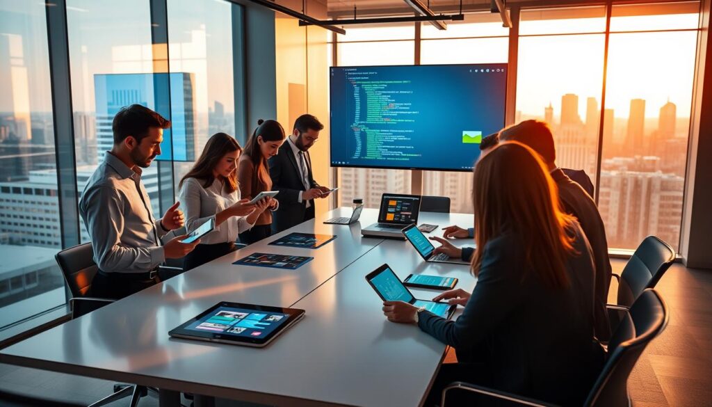 A modern, vibrant workspace showcasing the development and launch of innovative apps. In the foreground, a diverse group of professionals dressed in smart business attire collaborates around a sleek conference table, analyzing charts and digital prototypes on tablets and laptops. In the middle ground, a large screen displays dynamic app interfaces and code snippets, illuminated with bright colors, emphasizing creativity and technology. The background features a glass wall overlooking a city skyline, with natural light pouring in, creating an inspiring atmosphere. Soft shadows enhance the sense of depth, while a warm color palette evokes a feeling of innovation and optimism. The overall mood is energetic and focused, capturing the essence of cutting-edge technology and teamwork in app development.