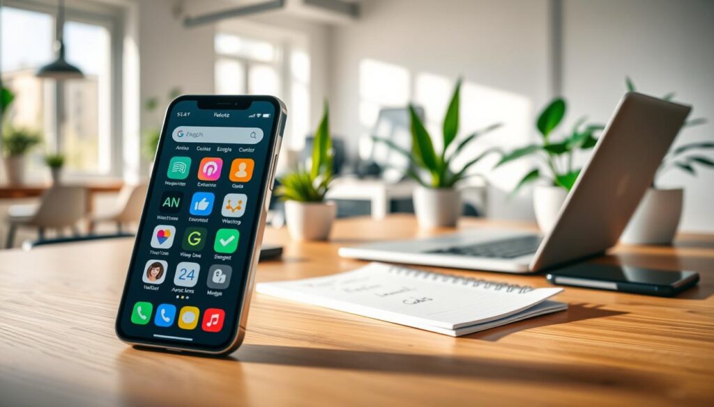 A modern workspace featuring a sleek smartphone displaying various financial management apps aimed at saving money and tracking expenses. In the foreground, the phone is angled slightly to showcase colorful app icons on the screen, such as budgeting tools and expense trackers. In the middle, a stylish wooden desk holds a laptop and a notepad with neatly written financial goals. The background reveals a bright, airy office space with greenery accents, including potted plants that add a fresh touch. Soft, natural lighting filters through a window, creating a warm and inviting atmosphere. The overall mood is professional yet approachable, encouraging viewers to take control of their finances. A modern workspace featuring a sleek smartphone displaying various financial management apps aimed at saving money and tracking expenses. In the foreground, the phone is angled slightly to showcase colorful app icons on the screen, such as budgeting tools and expense trackers. In the middle, a stylish wooden desk holds a laptop and a notepad with neatly written financial goals. The background reveals a bright, airy office space with greenery accents, including potted plants that add a fresh touch. Soft, natural lighting filters through a window, creating a warm and inviting atmosphere. The overall mood is professional yet approachable, encouraging viewers to take control of their finances.