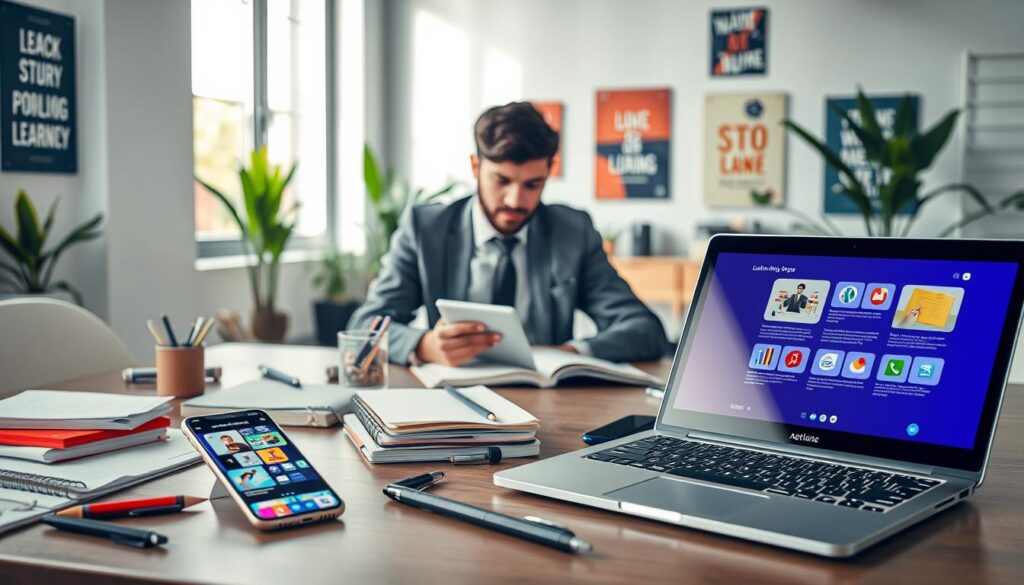 A modern workspace featuring a variety of study and learning applications. In the foreground, a sleek laptop displays a vibrant educational app interface, while a smartphone beside it highlights another innovative learning tool. Various study materials like notebooks, pens, and tech gadgets are scattered around. In the middle ground, a focused individual dressed in professional business attire is seated at a stylish desk, engaging with a tablet, immersed in a virtual learning experience. The background showcases a bright and airy room with soft natural light streaming through a window, plants adding a touch of greenery, and motivational posters on the walls, creating an inspiring atmosphere. The overall mood is one of productivity and enthusiasm for learning. A modern workspace featuring a variety of study and learning applications. In the foreground, a sleek laptop displays a vibrant educational app interface, while a smartphone beside it highlights another innovative learning tool. Various study materials like notebooks, pens, and tech gadgets are scattered around. In the middle ground, a focused individual dressed in professional business attire is seated at a stylish desk, engaging with a tablet, immersed in a virtual learning experience. The background showcases a bright and airy room with soft natural light streaming through a window, plants adding a touch of greenery, and motivational posters on the walls, creating an inspiring atmosphere. The overall mood is one of productivity and enthusiasm for learning.