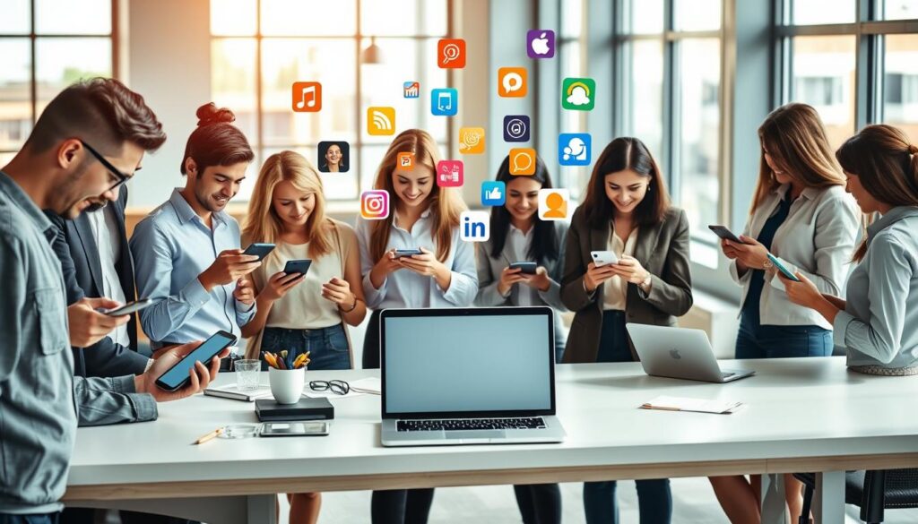 A modern workspace scene illustrating various functionalities of mobile apps that simplify daily tasks. In the foreground, a diverse group of professionals—men and women in business casual attire—are engaged with their smartphones and tablets, showcasing app interfaces displaying organization, communication, and productivity tools. The middle ground features a sleek, contemporary desk with a laptop open, and vibrant icons of popular apps floating above, symbolizing efficiency. The background reveals a bright, airy office space with large windows, casting soft natural light that creates a cheerful atmosphere. The composition is balanced, with a warm color palette that conveys innovation and accessibility, capturing the essence of modern app structures and functionalities. A modern workspace scene illustrating various functionalities of mobile apps that simplify daily tasks. In the foreground, a diverse group of professionals—men and women in business casual attire—are engaged with their smartphones and tablets, showcasing app interfaces displaying organization, communication, and productivity tools. The middle ground features a sleek, contemporary desk with a laptop open, and vibrant icons of popular apps floating above, symbolizing efficiency. The background reveals a bright, airy office space with large windows, casting soft natural light that creates a cheerful atmosphere. The composition is balanced, with a warm color palette that conveys innovation and accessibility, capturing the essence of modern app structures and functionalities.