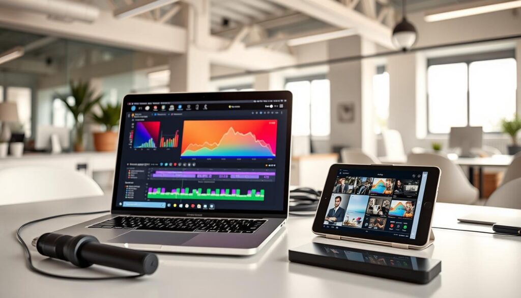 A modern workspace showcasing analysis tools and resources for mobile video editing. In the foreground, a sleek laptop displaying a vibrant video editing interface, with colorful graphs and charts reflecting various features and tools. Beside it, a tablet with editing apps visible on the screen, providing a clear contrast in device types. The middle ground features an organized desk, with video editing equipment like a portable microphone and external drive. The background shows a bright, airy office space with large windows letting in soft natural light. The atmosphere is professional yet creative, suggesting innovation and efficiency in mobile video editing. Capture the scene from a slightly elevated angle to highlight the devices and workspace, using soft lighting to enhance the productive mood.