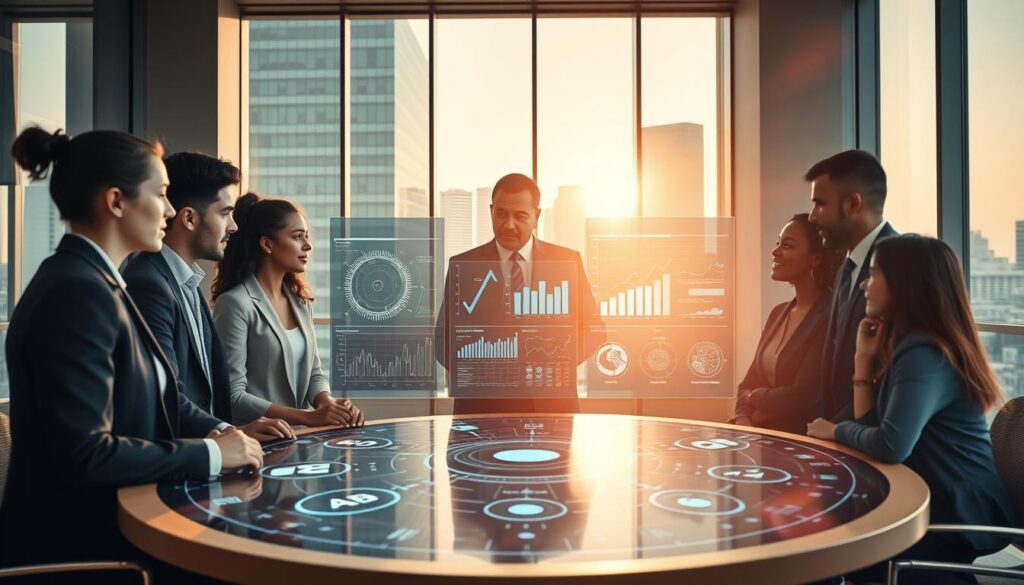 A professional business environment showcasing a team of diverse individuals discussing strategies for implementing artificial intelligence in a corporate setting. The foreground features a round table with an interactive digital display showing complex data visualizations and AI algorithms. In the middle, group members—dressed in formal business attire—are engaged in a lively discussion, with expressions of determination and focus. The background displays large windows revealing a modern city skyline, illuminated by soft sunlight, suggesting innovation and progress. The atmosphere should convey urgency and collaboration, with a lens flare effect for a dynamic touch, captured from a slightly elevated angle to emphasize teamwork and strategic planning. A professional business environment showcasing a team of diverse individuals discussing strategies for implementing artificial intelligence in a corporate setting. The foreground features a round table with an interactive digital display showing complex data visualizations and AI algorithms. In the middle, group members—dressed in formal business attire—are engaged in a lively discussion, with expressions of determination and focus. The background displays large windows revealing a modern city skyline, illuminated by soft sunlight, suggesting innovation and progress. The atmosphere should convey urgency and collaboration, with a lens flare effect for a dynamic touch, captured from a slightly elevated angle to emphasize teamwork and strategic planning.