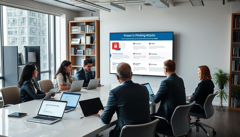 A professional office environment highlighting strategies to prevent phishing attacks. In the foreground, a diverse group of professionals in business attire are engaged in a collaborative discussion around a sleek conference table, with laptops showing security software and email examples. The middle ground features a large screen displaying an infographic depicting phishing techniques and prevention tips. In the background, there are bookshelves filled with cybersecurity literature and a large window allowing soft, natural light to illuminate the space. The mood is focused and proactive, emphasizing teamwork and security awareness. The image captures a sense of urgency and importance in combating cyber threats, set in a well-organized, modern workspace.