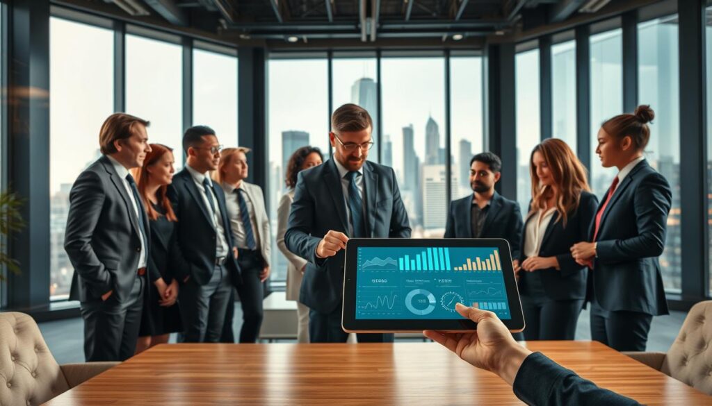 A professional office environment that showcases the challenges and opportunities in technological growth. In the foreground, depict a diverse group of business professionals in smart attire, engaged in a discussion around a digital tablet displaying complex data charts and graphs. In the middle ground, illustrate a modern conference room with sleek furniture and large windows allowing natural light to flood in. The background shows a city skyline through the windows, symbolizing growth and innovation. Use soft, warm lighting to create an inviting atmosphere, while a wide-angle lens perspective captures both the group and the expansive view, evoking a sense of collaboration and forward-thinking. The mood should feel dynamic and optimistic, highlighting the intersection of technology and business strategy.