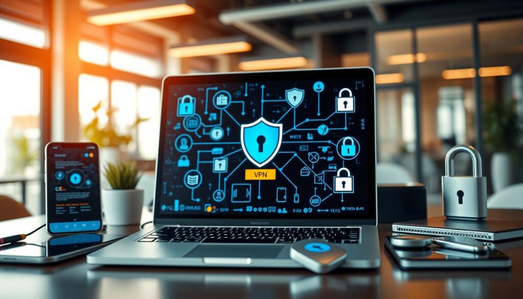 A vibrant and detailed composition showcasing cybersecurity tools and solutions in a modern workspace. In the foreground, display a sleek laptop with a VPN connection interface open on the screen, surrounded by high-tech gadgets like a smartphone, a tablet, and a digital security key. In the middle, incorporate various cybersecurity icons such as shields, locks, and firewalls, subtly integrated into a digital network backdrop. The background should feature a blurred office setting with warm, inviting lighting that conveys a sense of security and professionalism. Use a wide-angle lens perspective to create depth, emphasizing the importance of these tools in enhancing online privacy. The overall mood should feel innovative and secure, reflecting the theme of digital protection. A vibrant and detailed composition showcasing cybersecurity tools and solutions in a modern workspace. In the foreground, display a sleek laptop with a VPN connection interface open on the screen, surrounded by high-tech gadgets like a smartphone, a tablet, and a digital security key. In the middle, incorporate various cybersecurity icons such as shields, locks, and firewalls, subtly integrated into a digital network backdrop. The background should feature a blurred office setting with warm, inviting lighting that conveys a sense of security and professionalism. Use a wide-angle lens perspective to create depth, emphasizing the importance of these tools in enhancing online privacy. The overall mood should feel innovative and secure, reflecting the theme of digital protection.