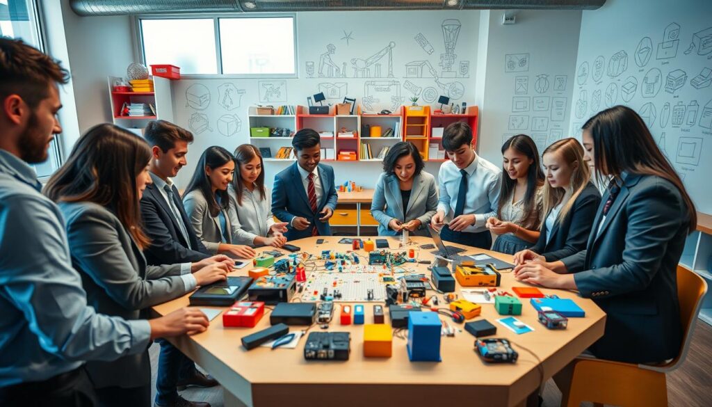 A vibrant and dynamic Maker space showcasing the integration of technology and materials in education. In the foreground, a diverse group of students in professional business attire collaborate around a hexagonal table covered in gadgets, circuits, and 3D-printed prototypes. In the middle ground, colorful shelves display an array of tools and materials with a focus on robotics, coding, and electronics. The background reveals large windows allowing natural light to flood the space, highlighting an inspiring wall filled with sketches and diagrams. Soft lighting enhances the innovative atmosphere, while a close-up angle captures the excitement and creativity of the engaged participants. The scene conveys an ambiance of collaboration, creativity, and educational growth within a modern, tech-friendly environment.