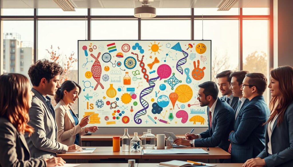 A vibrant and engaging classroom scene illustrating the intersection of art and science in education. In the foreground, a diverse group of students of various ethnicities, dressed in professional business attire, actively collaborate on a mixed-media project blending scientific diagrams with artistic expressions. In the middle, a large interactive display features a colorful blend of artistic illustrations intertwined with complex scientific concepts, like DNA strands and abstract art. In the background, large windows showcase a sunny day, casting soft natural light into the room, creating a warm and inviting atmosphere. The mood is inspirational, reflecting creativity and curiosity, highlighting the importance of an integrated approach to learning. The scene captures both the chaos of creativity and the precision of science, artfully blending them together in a cohesive educational environment.