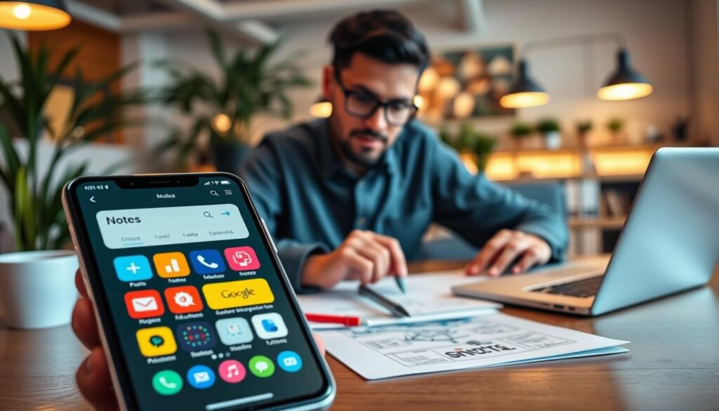 A vibrant and engaging digital workspace displaying user experience and design elements in mobile apps. In the foreground, a close-up of a smartphone with a beautifully designed notes app interface, showcasing colorful icons and easy navigation. The middle layer features a creative workspace, including a laptop and a tablet, with design sketches scattered around. A professional dressed individual, wearing modest casual clothing, is focused on analyzing app designs, with an expression of concentration. The background features a soft-focus office environment with warm lighting, plants, and modern decor, creating a collaborative and innovative atmosphere. The overall mood is inspiring and emphasizes the importance of user-friendly design in applications, highlighting the blend of creativity and technology.