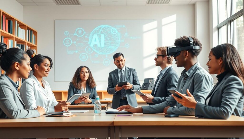 A vibrant classroom scene showcasing the influence of artificial intelligence in education. In the foreground, a diverse group of students, wearing professional business attire, interact with modern, AI-powered devices like tablets and smart whiteboards. In the middle ground, a teacher guides them, using an augmented reality headset to enhance learning experiences. The background features shelves filled with books and educational materials, while large windows bathe the room in natural light, creating an open and inviting atmosphere. A projection on the wall displays abstract AI concepts and learning pathways, symbolizing innovation and technology. The overall mood is one of inspiration and curiosity, emphasizing the positive impact of AI in shaping the future of education. A vibrant classroom scene showcasing the influence of artificial intelligence in education. In the foreground, a diverse group of students, wearing professional business attire, interact with modern, AI-powered devices like tablets and smart whiteboards. In the middle ground, a teacher guides them, using an augmented reality headset to enhance learning experiences. The background features shelves filled with books and educational materials, while large windows bathe the room in natural light, creating an open and inviting atmosphere. A projection on the wall displays abstract AI concepts and learning pathways, symbolizing innovation and technology. The overall mood is one of inspiration and curiosity, emphasizing the positive impact of AI in shaping the future of education.