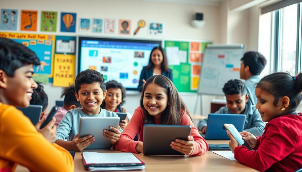 A vibrant classroom scene showcasing the integration of technology in education, with students engaged in various digital learning activities. In the foreground, diverse students of different ethnicities are immersed in using tablets and laptops, displaying expressions of curiosity and collaboration. In the middle ground, a teacher, dressed in professional attire, facilitates a discussion about digital tools on a smartboard, highlighting opportunities and challenges. The background features colorful educational posters and a window letting in natural light, creating a warm and inviting atmosphere. The mood is optimistic and dynamic, emphasizing innovation in learning. The perspective is slightly elevated, capturing the interaction between students and the teacher, with a soft focus on the background for clarity.
