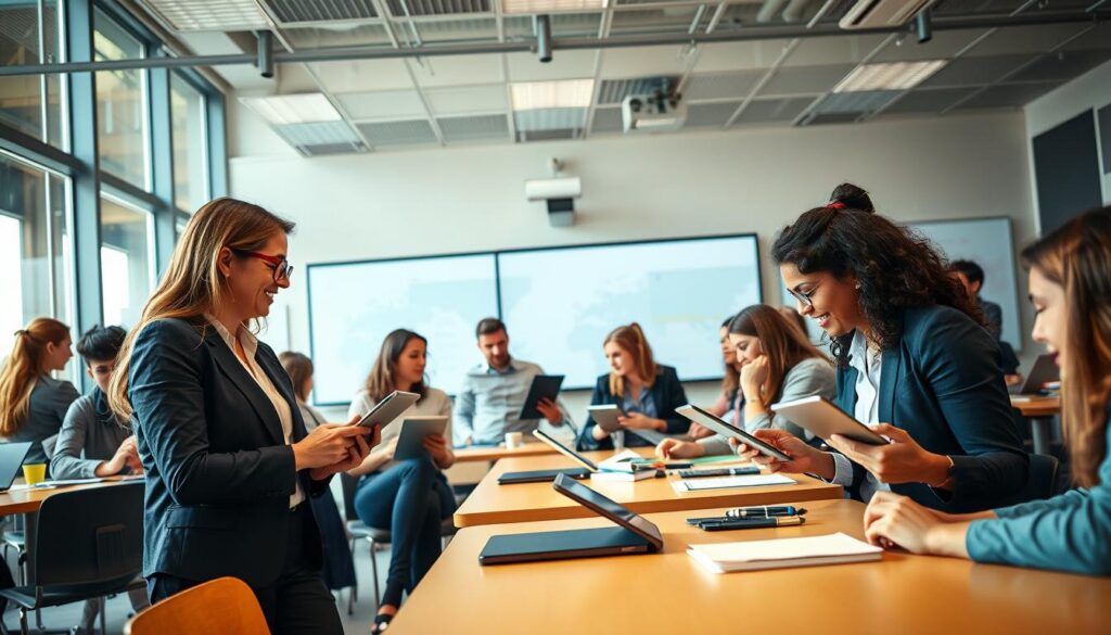 A vibrant classroom setting depicting a professional development workshop for teachers focused on innovative education methods. In the foreground, a diverse group of educators, dressed in smart casual attire, engage in collaborative activities using tablets and digital tools, showcasing a spirit of teamwork and creativity. The middle ground features a modern classroom filled with interactive whiteboards and educational technology, enhancing the learning experience. In the background, large windows allow natural light to flood the space, creating an inviting and motivating atmosphere. The mood is energetic and inspiring, emphasizing the impact of technology on teaching practices. The composition captures the essence of empowerment and forward-thinking in education, with a warm color palette that fosters positivity and innovation. A vibrant classroom setting depicting a professional development workshop for teachers focused on innovative education methods. In the foreground, a diverse group of educators, dressed in smart casual attire, engage in collaborative activities using tablets and digital tools, showcasing a spirit of teamwork and creativity. The middle ground features a modern classroom filled with interactive whiteboards and educational technology, enhancing the learning experience. In the background, large windows allow natural light to flood the space, creating an inviting and motivating atmosphere. The mood is energetic and inspiring, emphasizing the impact of technology on teaching practices. The composition captures the essence of empowerment and forward-thinking in education, with a warm color palette that fosters positivity and innovation.