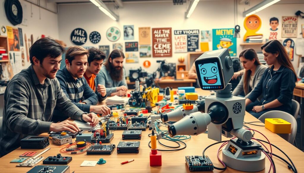 A vibrant scene depicting the intersection of memes, maker culture, and robotics. In the foreground, a group of diverse individuals in casual attire works collaboratively at a table loaded with colorful electronic components, Arduino boards, and 3D printed objects, all adorned with humorous meme stickers. In the middle ground, an engaging robotic arm is engaged in a playful task, with cartoon-style meme expressions projected on its screen. In the background, a bright and lively maker space filled with tools, inspirational posters, and LED lights creates an inviting atmosphere. Soft, warm lighting bathes the scene, evoking a sense of creativity and collaboration, capturing the spirit of innovation and humor in modern digital culture.