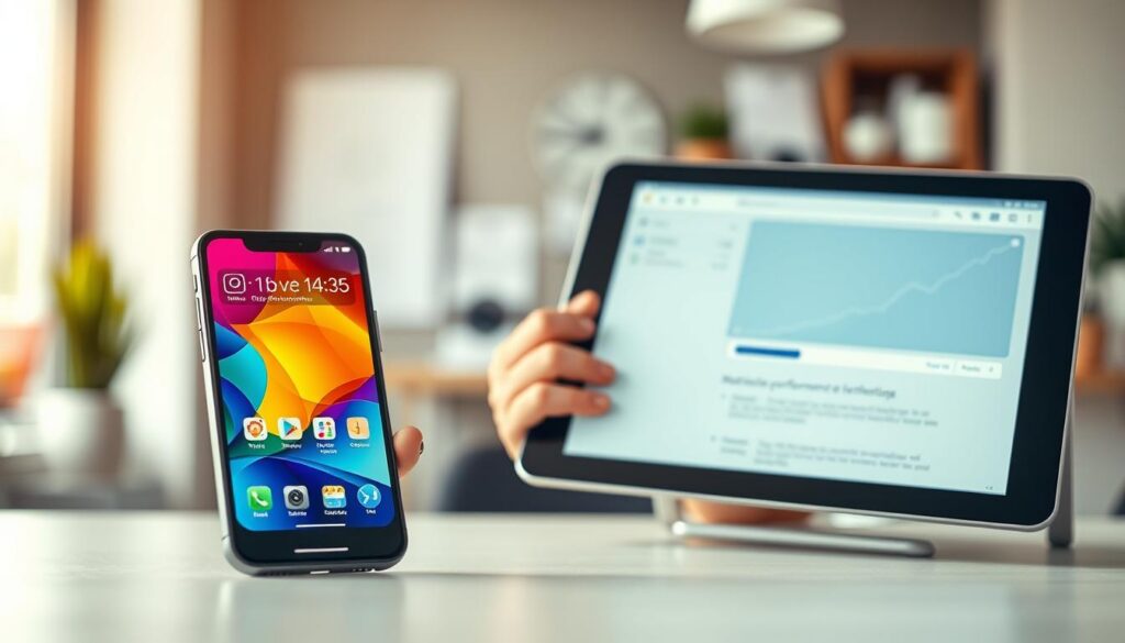A visually engaging composition illustrating the comparison between native and hybrid mobile applications. In the foreground, a sleek, modern smartphone displays a vibrant native app interface with clear, high-resolution graphics, surrounded by subtle icons representing performance. In the middle ground, a hand holds a tablet showcasing a hybrid app interface, with elements highlighting its web-based nature, like loading symbols and flexibility in design. The background features a blurred workspace setting with a neatly organized office desk, conveying a professional atmosphere. Soft, natural lighting illuminates the scene, creating a warm and inviting mood. The perspective should be from a slight diagonal angle, enhancing visual interest while focusing on the devices, inviting viewers to explore the differences between the two app types.