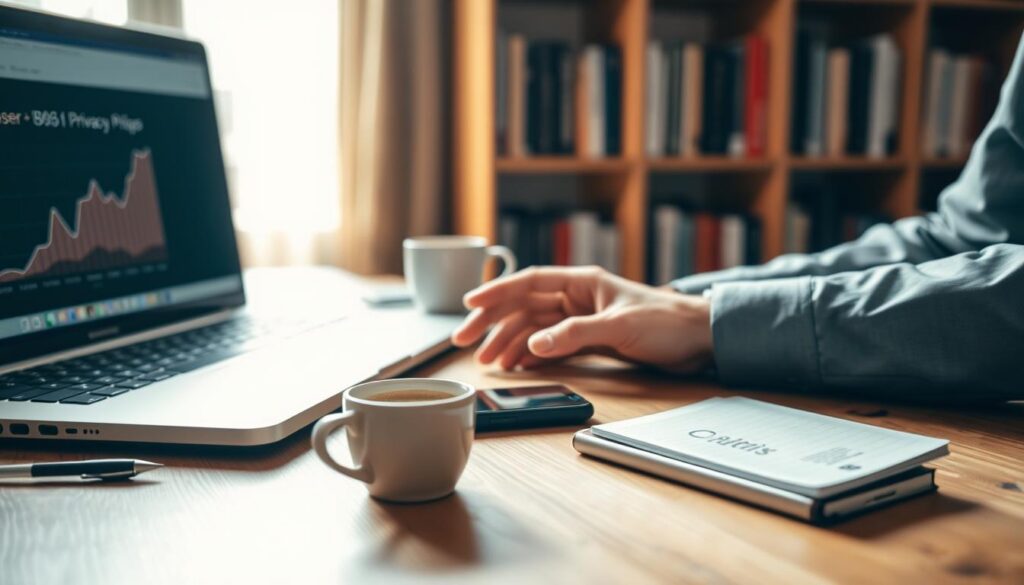 A visually striking composition featuring a smartphone on a wooden desk, its screen displaying a shield icon symbolizing security and privacy apps. In the foreground, an open laptop shows a graph of user privacy statistics. A pair of professional hands, dressed in neat casual attire, reaches for the phone, suggesting interaction with privacy solutions. In the middle, a coffee cup spills slight shadows, adding warmth and ambiance. The background softly blurs a bookshelf filled with tech books, indicating knowledge and readiness. The lighting is warm and inviting, with natural sunlight streaming in from a window, creating a productive atmosphere. Aim for a balanced and harmonious layout that conveys trust and professionalism in digital privacy.