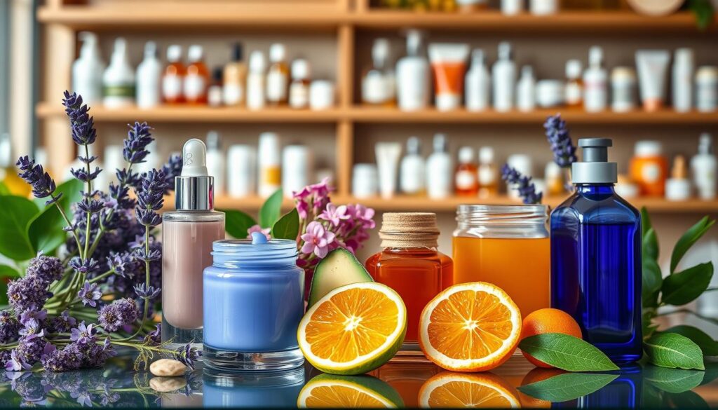 A visually stunning display of skincare ingredients showcasing the latest trends in the beauty industry. In the foreground, elegant glass jars filled with vibrant serums, gels, and creams are artistically arranged. The middle ground features fresh floral elements like lavender and chamomile, alongside natural ingredients such as honey, avocado, and vitamin C-rich citrus fruits. The background should be softly blurred shelves lined with skincare products, creating a sense of depth. Use soft, natural lighting to illuminate the scene, highlighting the textures and colors of the ingredients, with a subtle focus on a clean, inviting aesthetic. The overall mood conveys innovation and sophistication, suited for a modern skincare product launch.